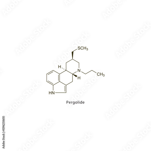 Pergolide flat skeletal molecular structure Dopamine agonist - ergoline drug used in Parkinson's disease treatment. Vector illustration scientific diagram.