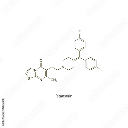 Ritanserin flat skeletal molecular structure Serotonin antagonist drug used in Anxiety treatment. Vector illustration scientific diagram.