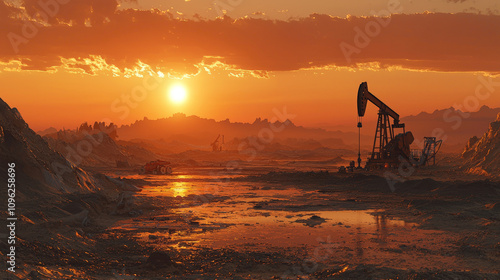 stunning sunset over oil drilling rig in remote landscape, showcasing beauty of nature and industry. warm colors create serene yet powerful atmosphere