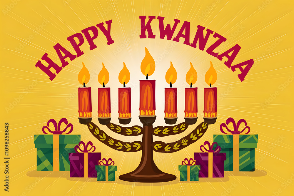 HAPPY KWANZAA Design with Glowing Kinara, Festive Candles, Gifts, and African Patterns HAPPY KWANZAA Design with Glowing Kinara, Festive Candles, Gifts, and African Patterns