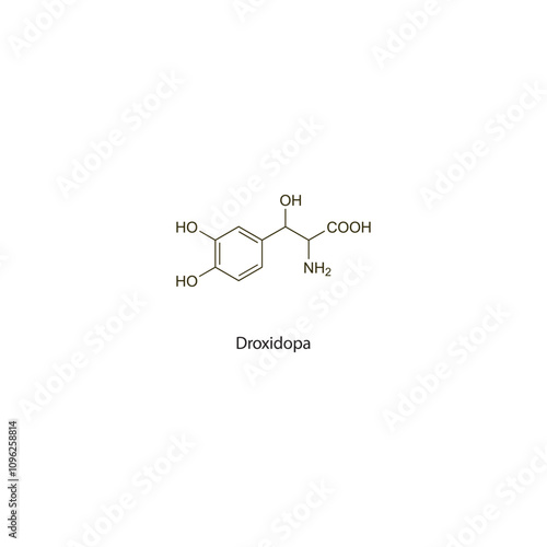 Droxidopa flat skeletal molecular structure Dopaminergic agent drug used in Parkinson's disease treatment. Vector illustration scientific diagram.