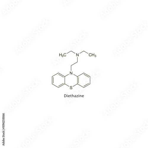 Diethazine flat skeletal molecular structure Anticholinergic drug drug used in Parkinson's disease treatment. Vector illustration scientific diagram.