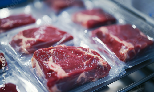 Beef cuts in vacuum sealed bags. Fresh meet for sell, promo for butcher shop or culinary web/blog. Healthy food photography. 