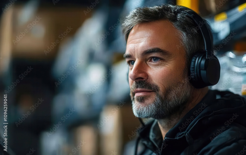 Focused Middle-Aged Man Wearing Headphones in Industrial Warehouse Setting, Deep in Thought, Contemplating Logistics and Supply Chain Management Focused Middle-Aged Man Wearing Headphones in Industrial Warehouse Setting, Deep in Thought, Contemplating Logistics and Supply Chain Management