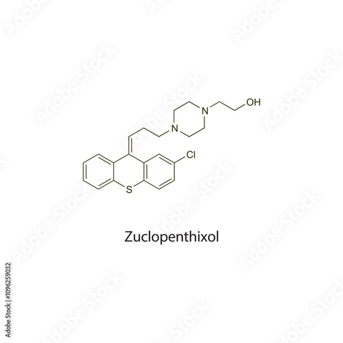 Zuclopenthixol flat skeletal molecular structure Antipsychotic drug used in schizophrenia treatment. Vector illustration scientific diagram.