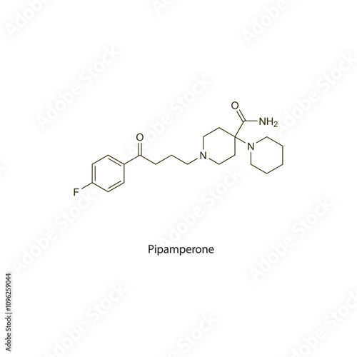 Pipamperone flat skeletal molecular structure Antipsychotic drug used in schizophrenia treatment. Vector illustration scientific diagram.