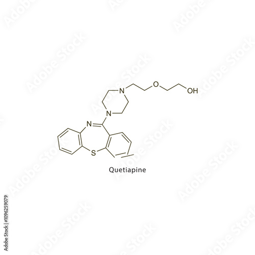 Quetiapine flat skeletal molecular structure Atypical Antipsychotic drug used in schizophrenia treatment. Vector illustration scientific diagram.