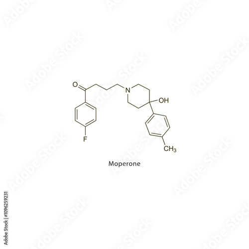 Moperone flat skeletal molecular structure Antipsychotic drug used in schizophrenia treatment. Vector illustration scientific diagram.