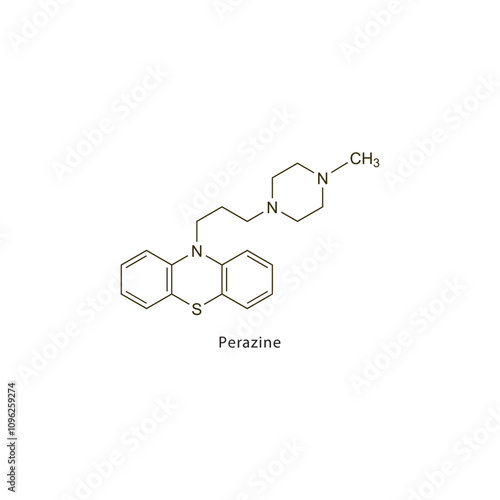 Perazine flat skeletal molecular structure Antipsychotic drug used in schizophrenia treatment. Vector illustration scientific diagram.