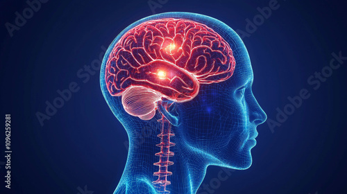 image depicts detailed illustration of human brain with highlighted areas, showcasing connection between brain activity and neural pathways