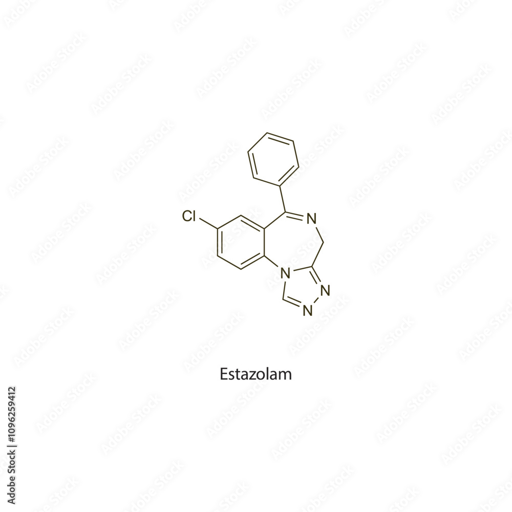 Fototapeta premium Estazolam flat skeletal molecular structure Benzodiazepine drug used in Insomnia treatment. Vector illustration scientific diagram.