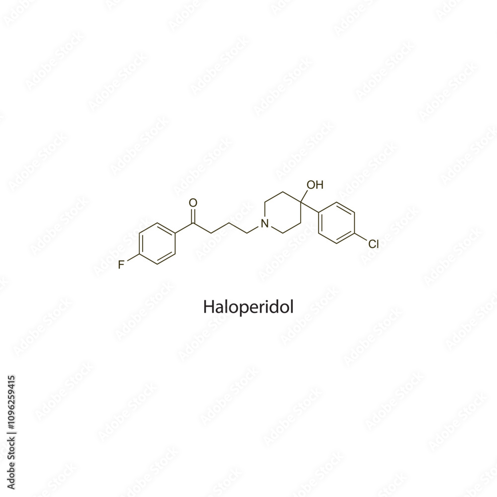 Obraz premium Haloperidol flat skeletal molecular structure Antipsychotic drug used in Schizophrenia, mania treatment. Vector illustration scientific diagram.