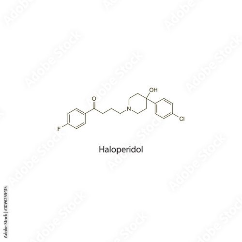 Haloperidol flat skeletal molecular structure Antipsychotic drug used in Schizophrenia, mania treatment. Vector illustration scientific diagram.