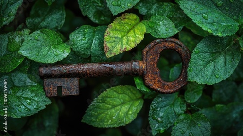 A weathered rusty key partially hidden among vibrant green leaves glistening with raindrops, suggesting an air of mystery and the allure of undiscovered secrets.