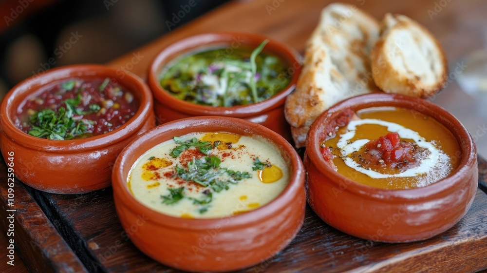 Vibrant selection of four colorful soups in rustic terracotta bowls, garnished with fresh herbs, alongside crispy bread, presented on a wooden platter for a hearty meal experience. Vibrant selection of four colorful soups in rustic terracotta bowls, garnished with fresh herbs, alongside crispy bread, presented on a wooden platter for a hearty meal experience.