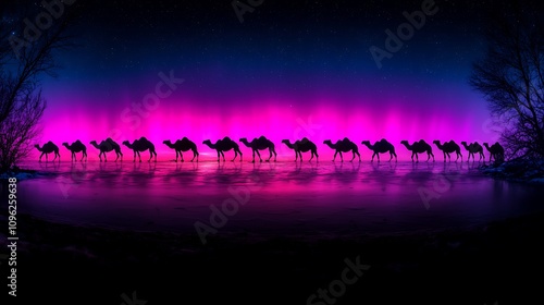 A Mesmerizing Silhouette of Camels Against a Vibrant Aurora Borealis at Night with Pink and Purple Hues Over a Calm Body of Water