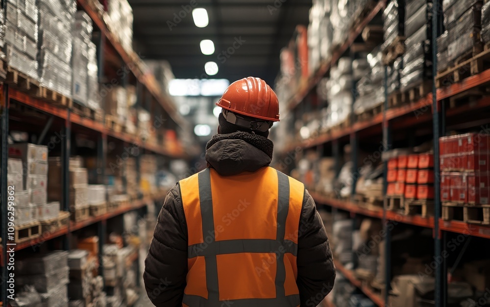 A Warehouse Worker's Back View Amidst Towering Shelves Filled with Goods: An Industrial Inventory Management Scene A Warehouse Worker's Back View Amidst Towering Shelves Filled with Goods: An Industrial Inventory Management Scene