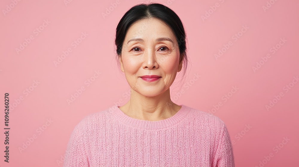 Fototapeta premium A woman with long, dark hair tied back is smiling warmly. She wears a cozy pink sweater that stands out against the soft pink background, radiating positivity and grace