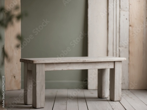 Rustic Farmhouse Style Wooden Bench with Distressed Finish and Chunky Legs for Entryway or Garden Seating.