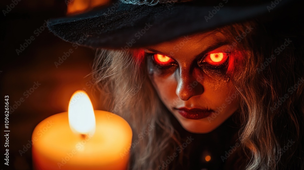 Close-up of a witch with glowing red eyes and dramatic makeup, illuminated by candlelight, creating an eerie and haunting Halloween atmosphere. Close-up of a witch with glowing red eyes and dramatic makeup, illuminated by candlelight, creating an eerie and haunting Halloween atmosphere.