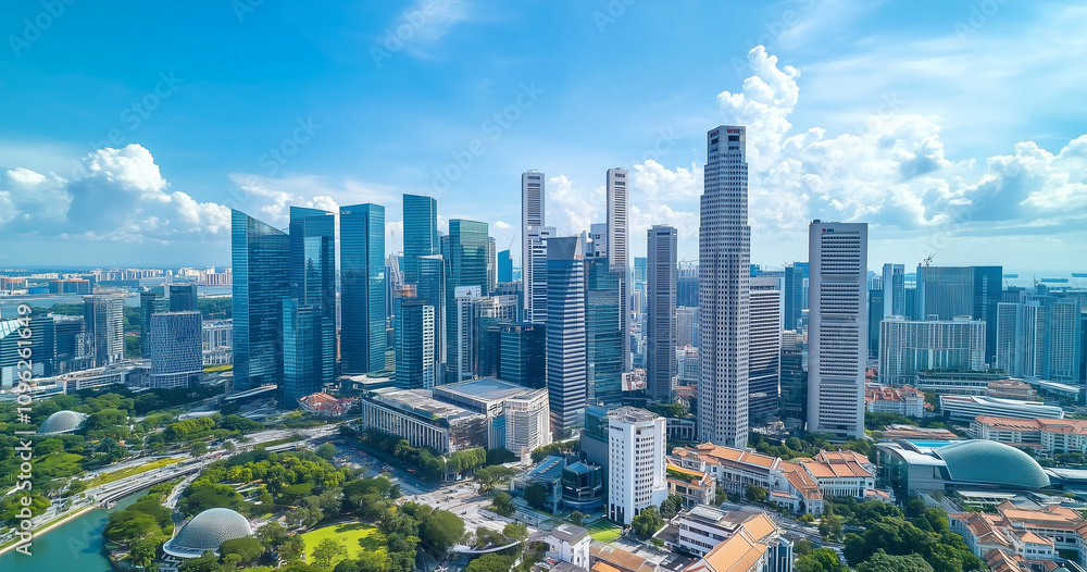 Naklejka premium Modern Skyline with High-Rise Office Buildings under Blue Sky