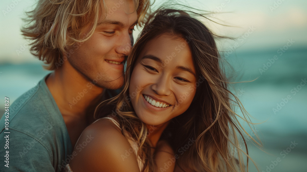 Joyful interracial couple embracing on the beach at sunset. Joyful interracial couple embracing on the beach at sunset.