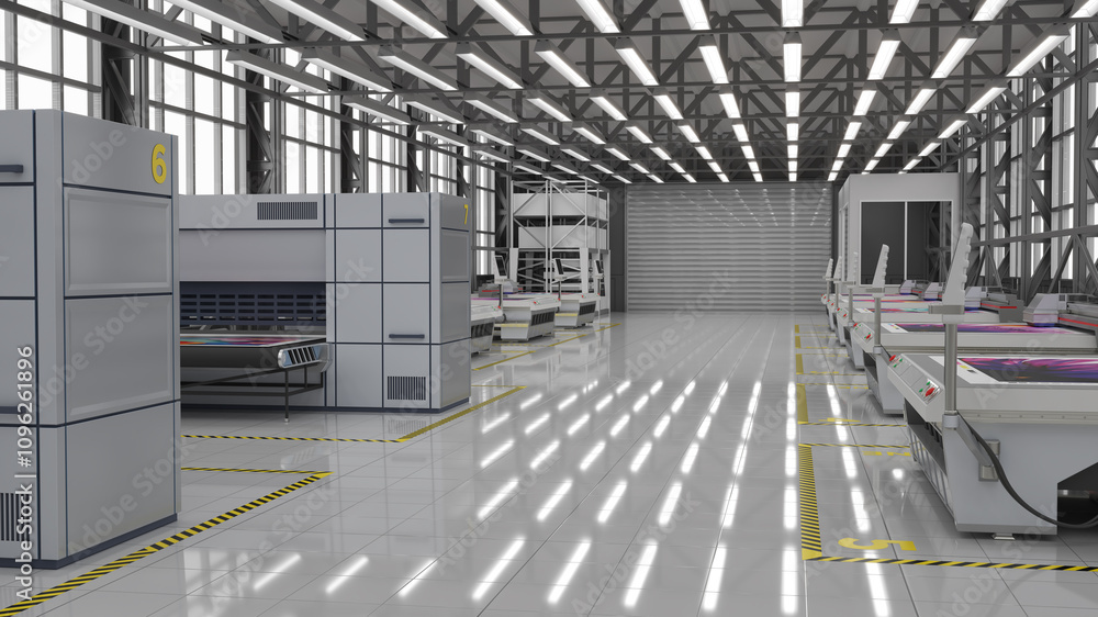 Obraz premium Production workshop with wide format flatbed UV plotters and printers. 3d illustration