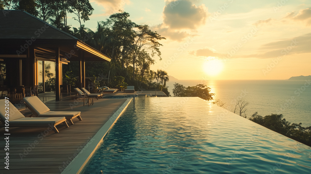 Fototapeta premium Modern Luxury Villa with Infinity Pool Overlooking the Ocean.Golden hour.