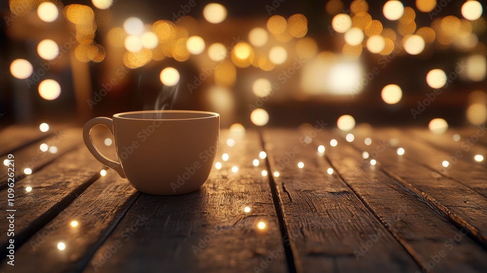 A warm coffee cup resting on a rustic wooden floor, surrounded by shimmering bokeh lights that evoke a joyful and magical atmosphere, perfect for cozy moments. A warm coffee cup resting on a rustic wooden floor, surrounded by shimmering bokeh lights that evoke a joyful and magical atmosphere, perfect for cozy moments.