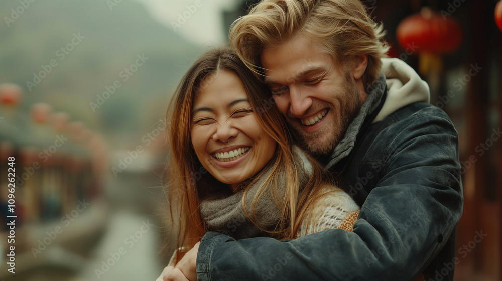 Joyful interracial couple embracing on the beach at sunset. Joyful interracial couple embracing on the beach at sunset.