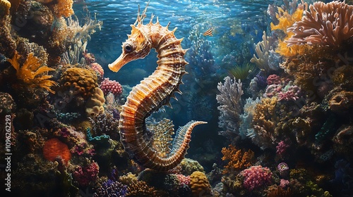 Majestic Seahorse in Vibrant Coral Reef Ecosystem. AI Generated