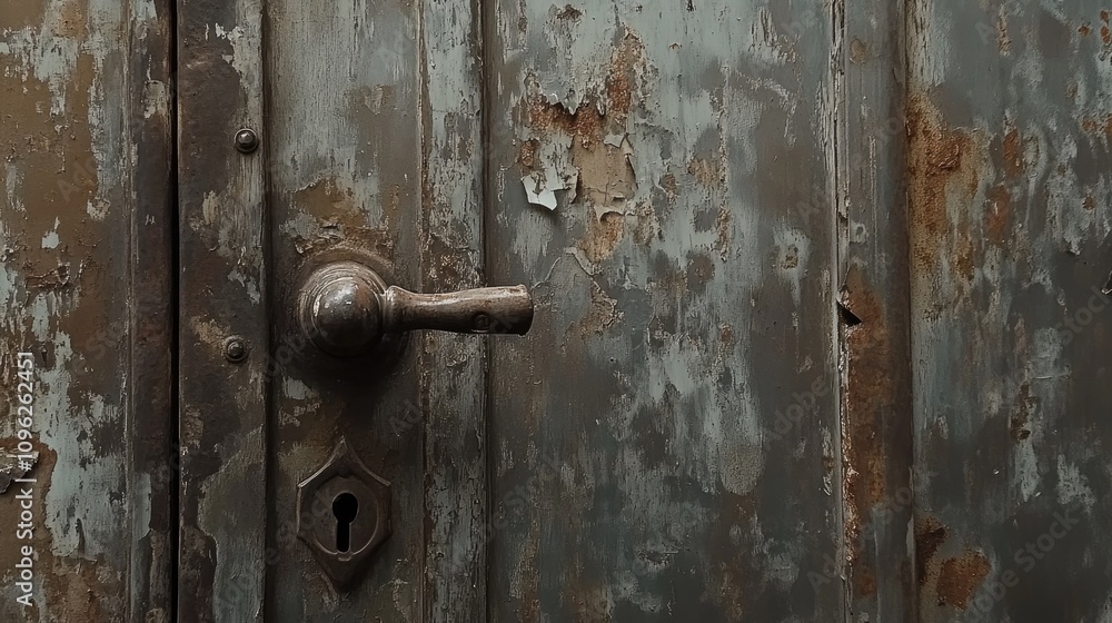 Weathered metal door with peeling paint and an antique handle, showcasing rust and character, capturing the essence of age and historical charm. Weathered metal door with peeling paint and an antique handle, showcasing rust and character, capturing the essence of age and historical charm.