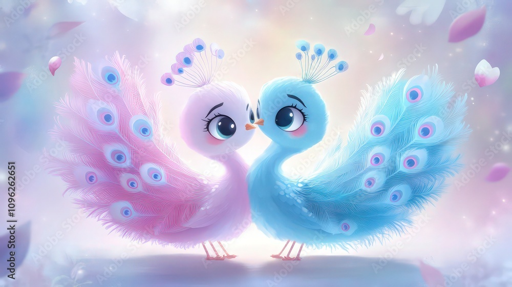 Obraz premium Two cute cartoon baby peacocks in pink and blue stand facing each other with soft feathers for sweet Valentines Day or love-themed marketing.