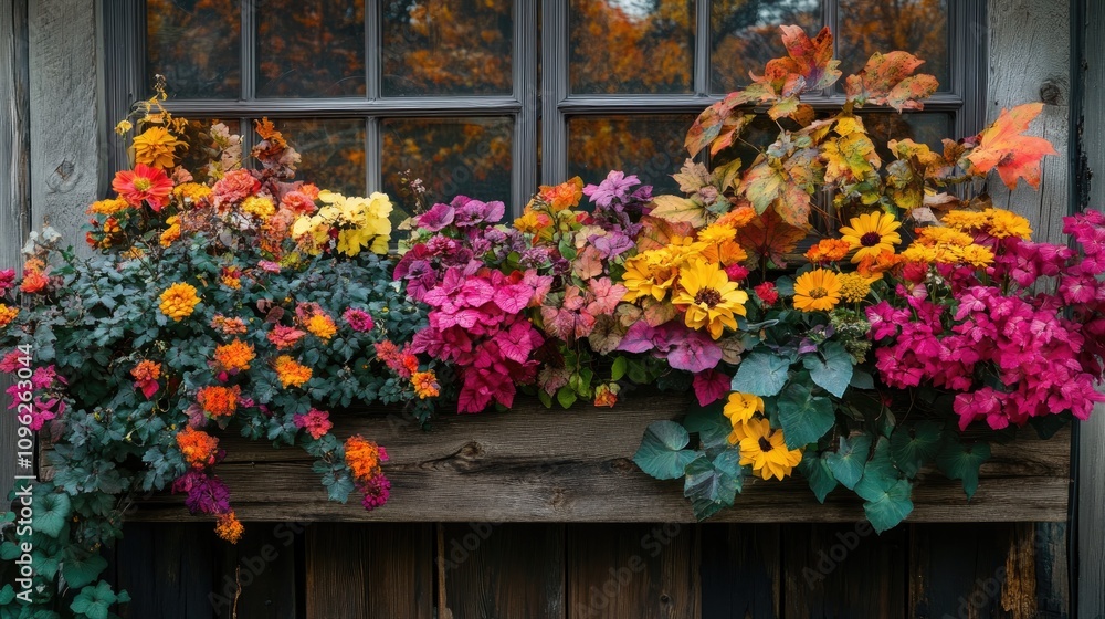 Vibrant Window Box Brimming with Autumn Blooms Featuring a Kaleidoscope of Colors with Petunias, Marigolds, and Foliage in Rich Hues Against a Rustic Wooden Backdrop Vibrant Window Box Brimming with Autumn Blooms Featuring a Kaleidoscope of Colors with Petunias, Marigolds, and Foliage in Rich Hues Against a Rustic Wooden Backdrop