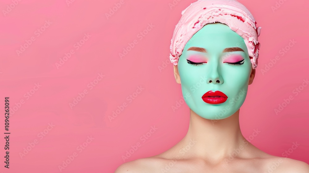 Woman with mint green face mask and pink background. Woman with mint green face mask and pink background.