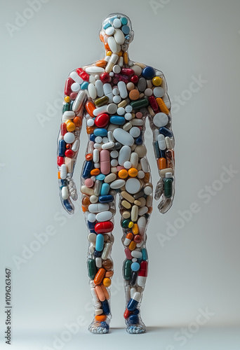 a human figure composed entirely of various colorful pills and capsules, symbolizing the concept of medication dependency, overconsumption, or the role of pharmaceuticals in modern healthcare