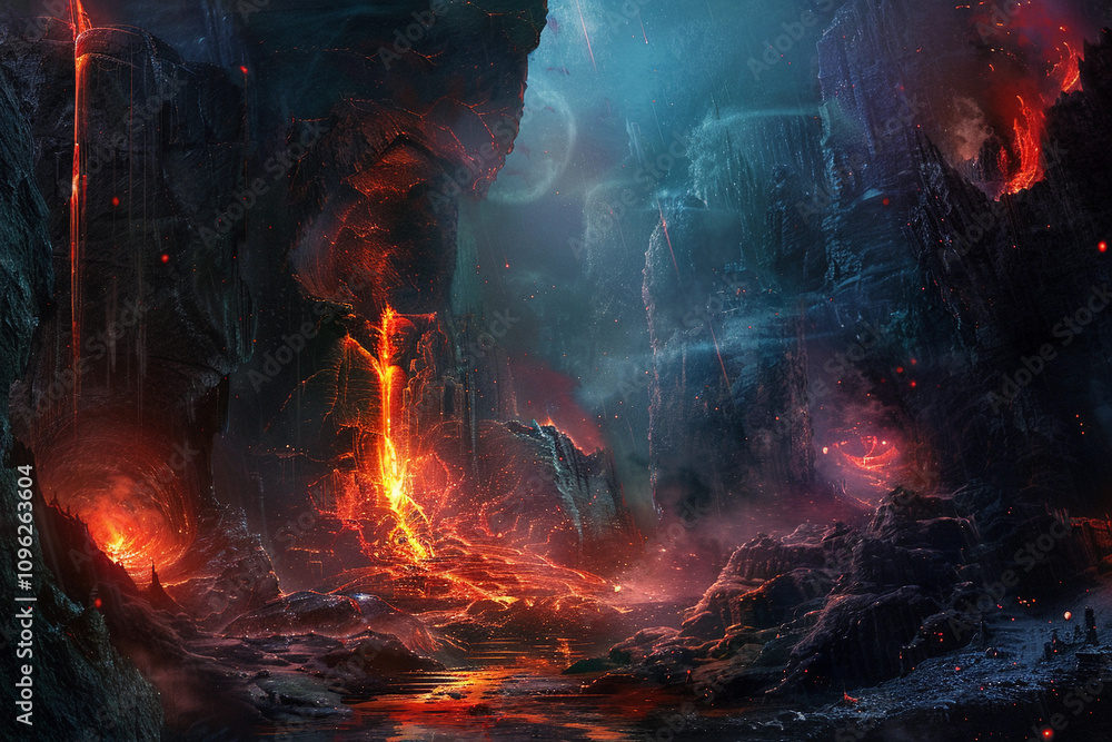 Fototapeta premium Scary sinister devil is in hell with dramatic fire lighting