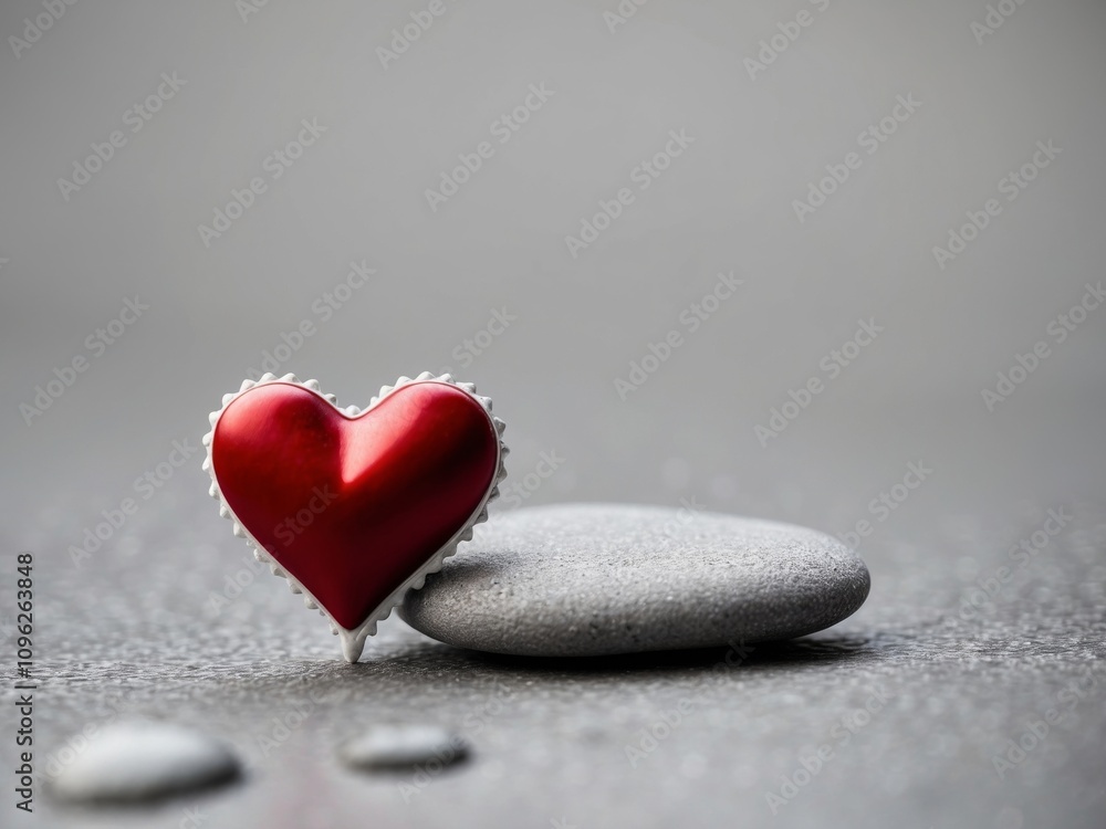 Fototapeta premium decorative red and white heart on gray sea pebble background.