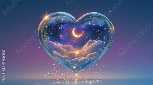 Luminous heart shape enclosing a dreamy night sky with clouds and crescent moon provides romantic holiday advertising copy space.