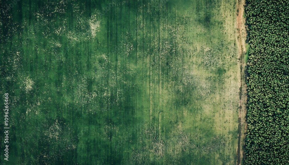 Obraz premium Aerial view of a lush green field bordered by a dense forest.