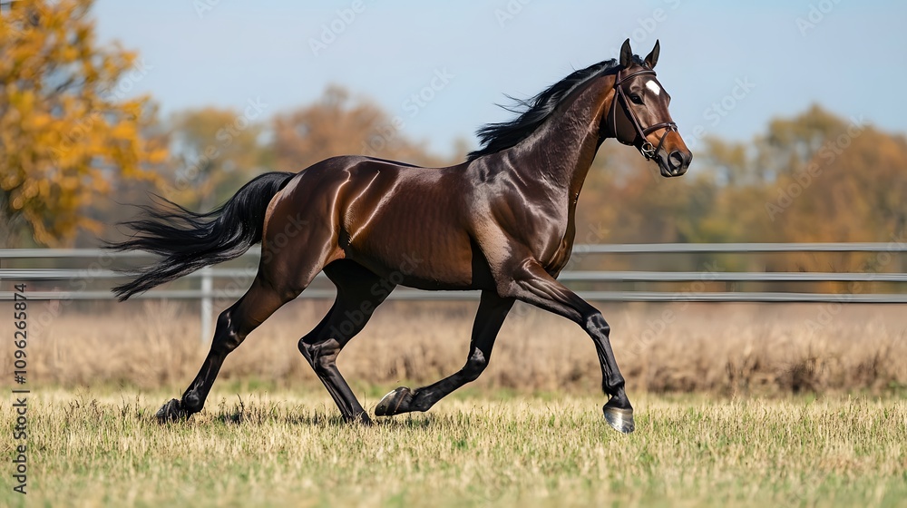 Fototapeta premium A horse galloping across an open field