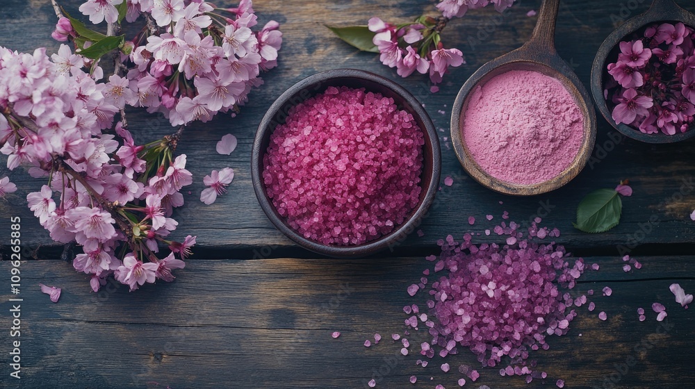 Natural dyes in bowls and pink spa salts arranged on a rustic wooden surface with blooming cherry blossom branches for a beauty and wellness theme. Natural dyes in bowls and pink spa salts arranged on a rustic wooden surface with blooming cherry blossom branches for a beauty and wellness theme.