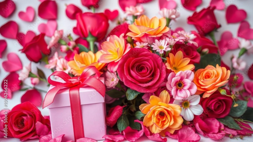 A beautiful Valentine's Day background featuring a variety of colorful hearts and vibrant flowers, perfect for expressing love and affection, romantic, holiday, flowers A beautiful Valentine's Day background featuring a variety of colorful hearts and vibrant flowers, perfect for expressing love and affection, romantic, holiday, flowers