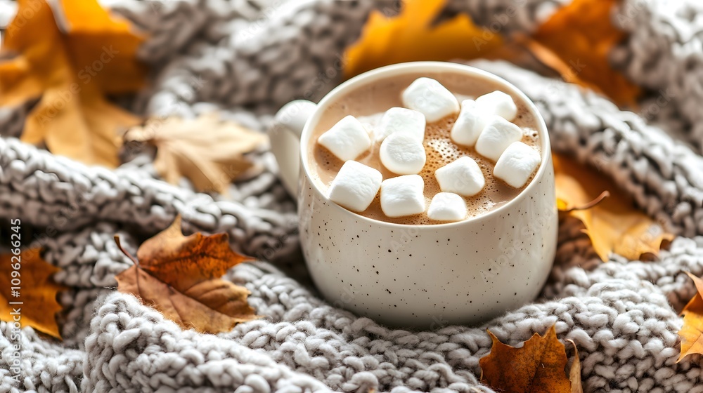A hot cup of cocoa with marshmallows on a blanket A hot cup of cocoa with marshmallows on a blanket
