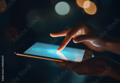 Person using tablet in the dark with city lights bokeh