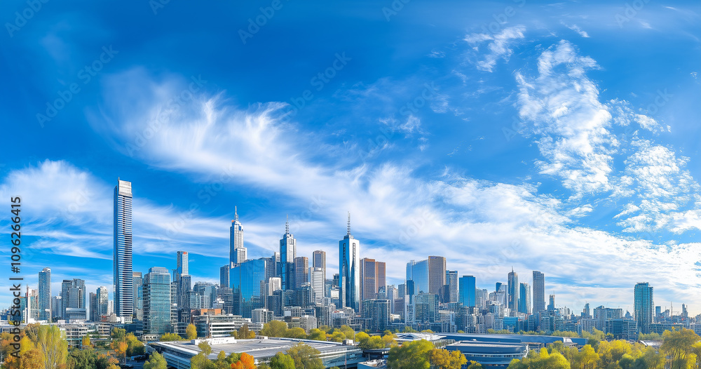 Fototapeta premium Modern Skyline with High-Rise Office Buildings under Blue Sky