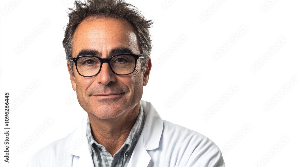 Confident male doctor in a white coat and glasses posing against a plain white background, offering a professional appearance with space for text. Confident male doctor in a white coat and glasses posing against a plain white background, offering a professional appearance with space for text.