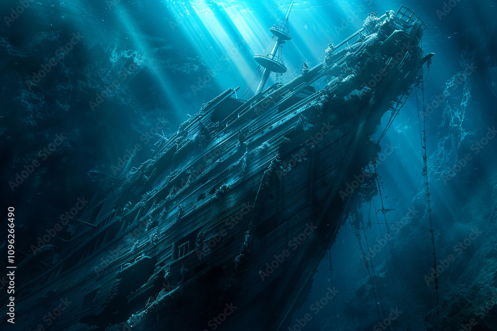 Underwater view of an sunken ship on seabed with fish swimming around Underwater view of an sunken ship on seabed with fish swimming around