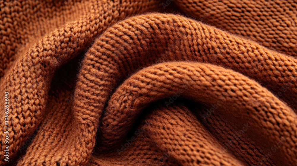 Fototapeta premium Knitted fabric showcasing a rich terracotta texture with intricate patterns and soft, inviting folds.