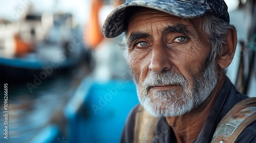 Grizzled Fisherman's Gaze: A Candid Portrait from a Turkish Harbor. AI Generated photo